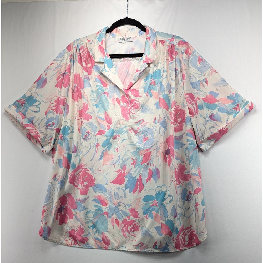 Jaylan of California Vintage Floral Blouse Pink Blue Pastel Short Sleeve 1X